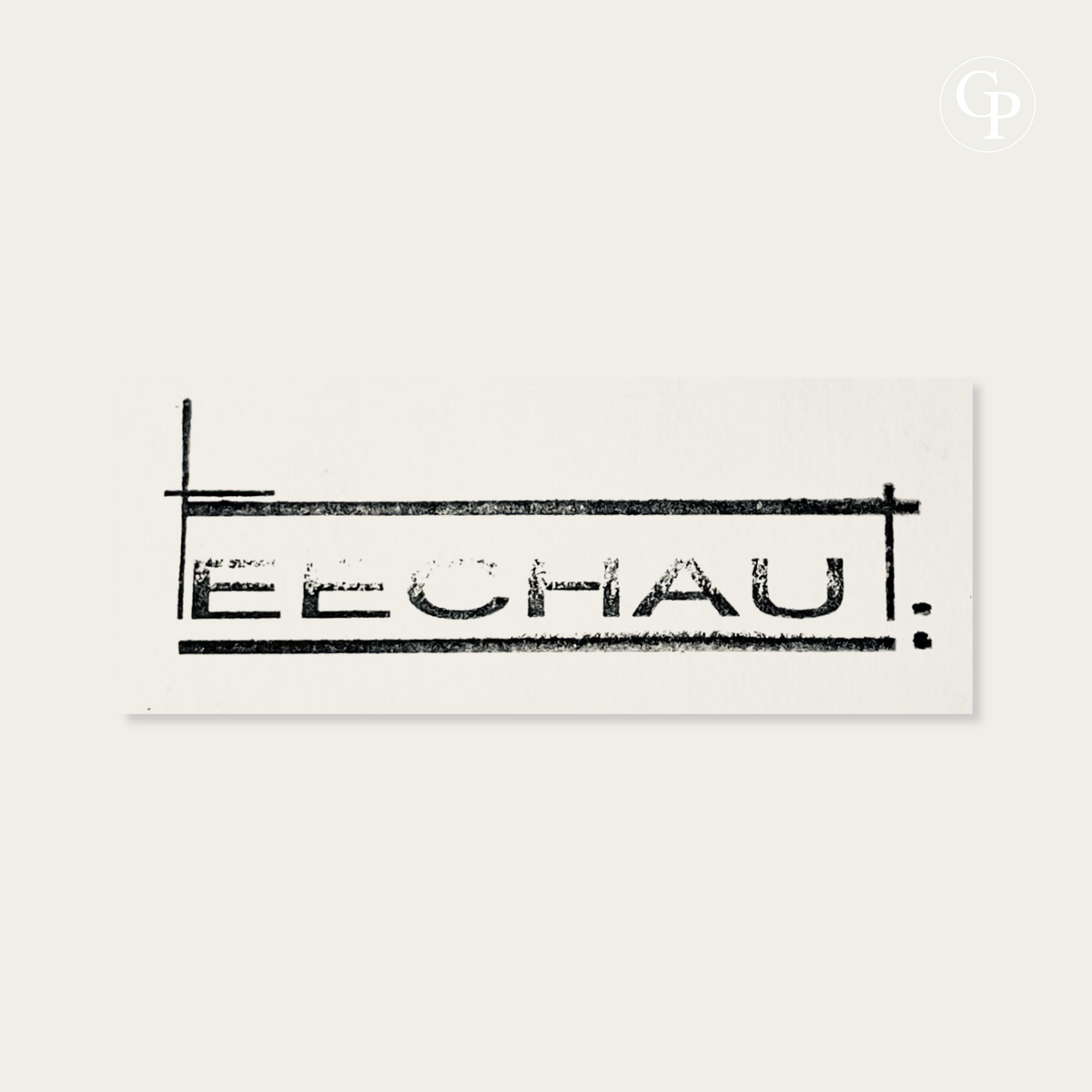 Detailed macro close-up of Eugène Eechaut's official rectangular studio stamp on paper | Gros plan macro détaillé du cachet d'atelier officiel rectangulaire de l'artiste Eugène Eechaut Galerie Popincourt