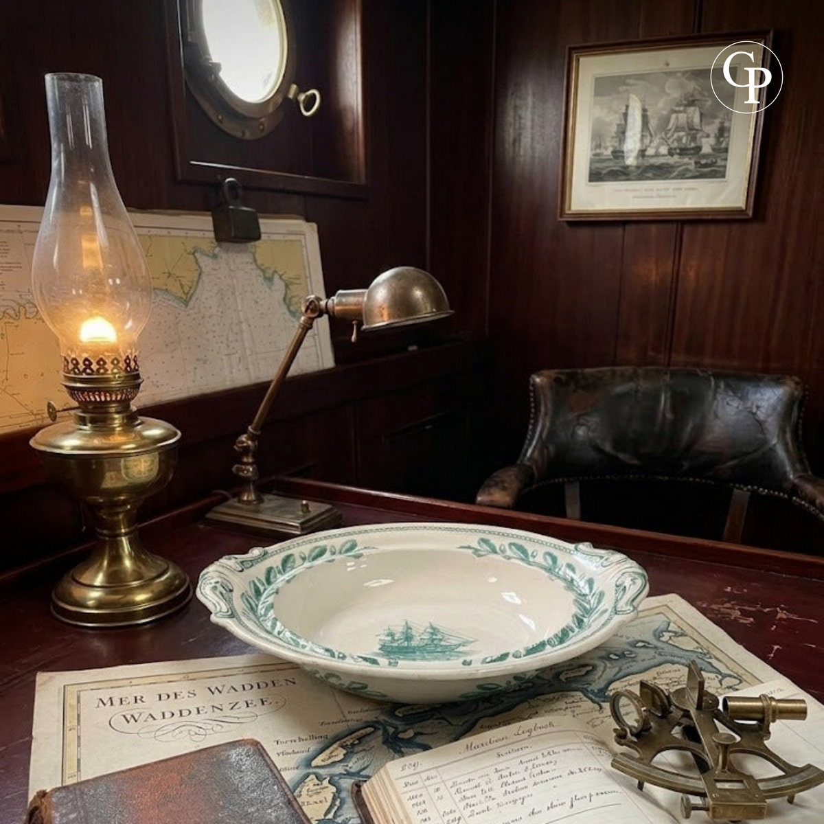 Victorian Copeland Ironstone serving dish in a maritime captain’s cabin staging with Wadden Sea map and navigation instruments.
Plat de service Copeland Ironstone victorien en mise en scène maritime – cabine de capitaine avec carte de la mer des Wadden et instruments de navigation.