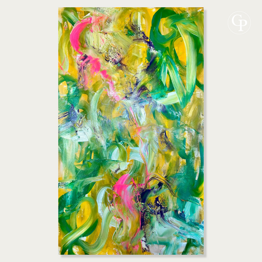 Front view of Timo Wedell abstract expressionist painting Tropische Pflanzen XXL, vibrant green, neon pink and gold large canvas artwork | Vue de face du tableau expressionnisme abstrait Tropische Pflanzen XXL de Timo Wedell, grande œuvre originale verte et rose sur toile de lin