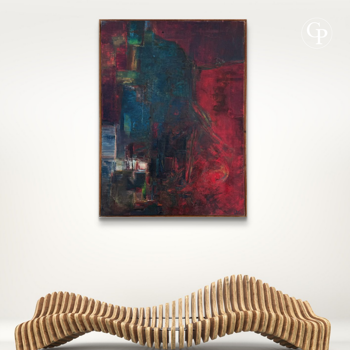 Mise en situation du tableau Connivence (1961) par Silvin Bronkart exposé dans une galerie au style moderne et épuré | In-situ view of Silvin Bronkart oil painting Connivence (1961) displayed in a bright modern minimal gallery
