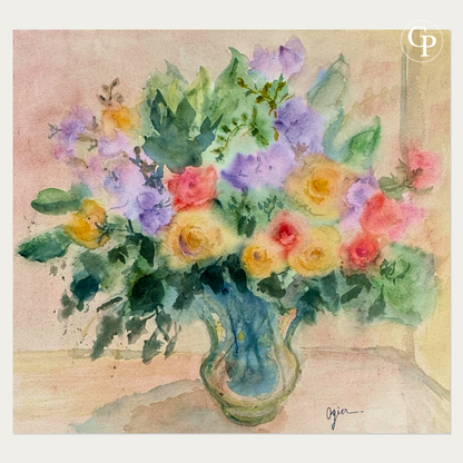 Square view of the floral watercolor Bouquet aux roses thé by Marie-Louise Ogier, 1980 | Recadrage carré de l'aquarelle florale Bouquet aux roses thé de Marie-Louise Ogier, circa 1980.