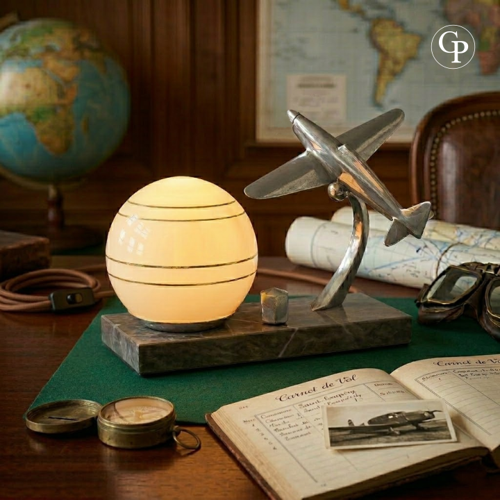 Art Deco airplane lamp with glowing globe on a desk with vintage flight log, goggles, and world map | Lampe avion Art Déco avec globe lumineux sur un bureau avec carnet de vol vintage, lunettes et carte du monde