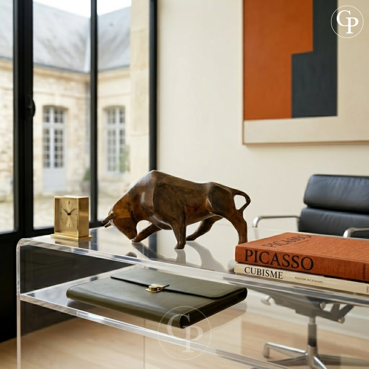 English:
Powerful cubist bull sculpture in solid bronze by Pierre Chenet (circa 1970), displayed on a transparent table with Picasso and Cubism books. Rich acid patina with warm amber reflections, elegant modernist interior setting. | 
French:
Sculpture de taureau cubiste en bronze massif par Pierre Chenet (vers 1970), mise en scène sur une table transparente avec des livres Picasso et Cubisme. Belle patine à l’acide aux reflets ambrés chauds, intérieur moderniste élégant.