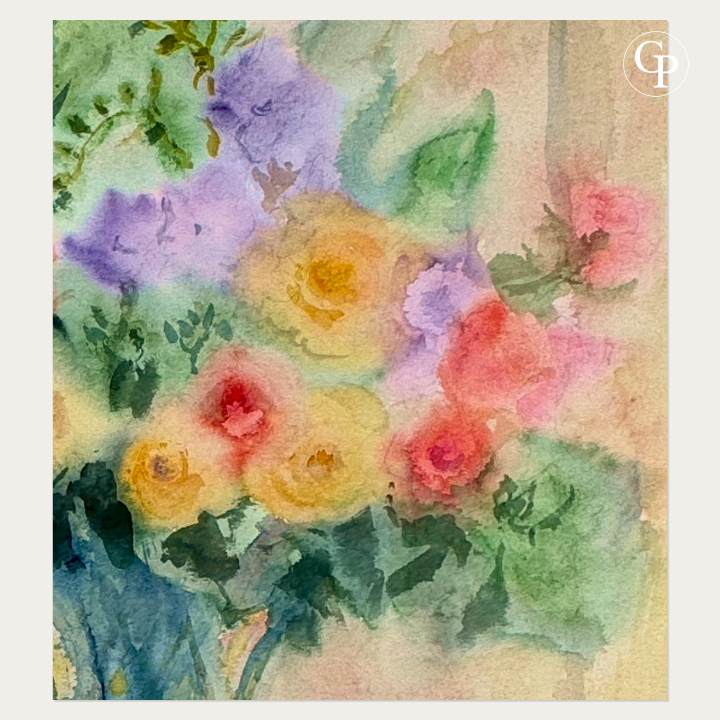 Close-up of the right side with salmon pink roses and emerald green foliage by Marie-Louise Ogier | Détail du côté droit de l'œuvre montrant les roses saumon, crème et les touches de vert émeraude.
