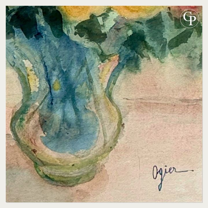 Close-up detail of the signature and blue glass vase from Marie-Louise Ogier's original watercolor | Zoom détaillé de la signature Ogier et du vase en verre bleu azur de l'aquarelle originale.