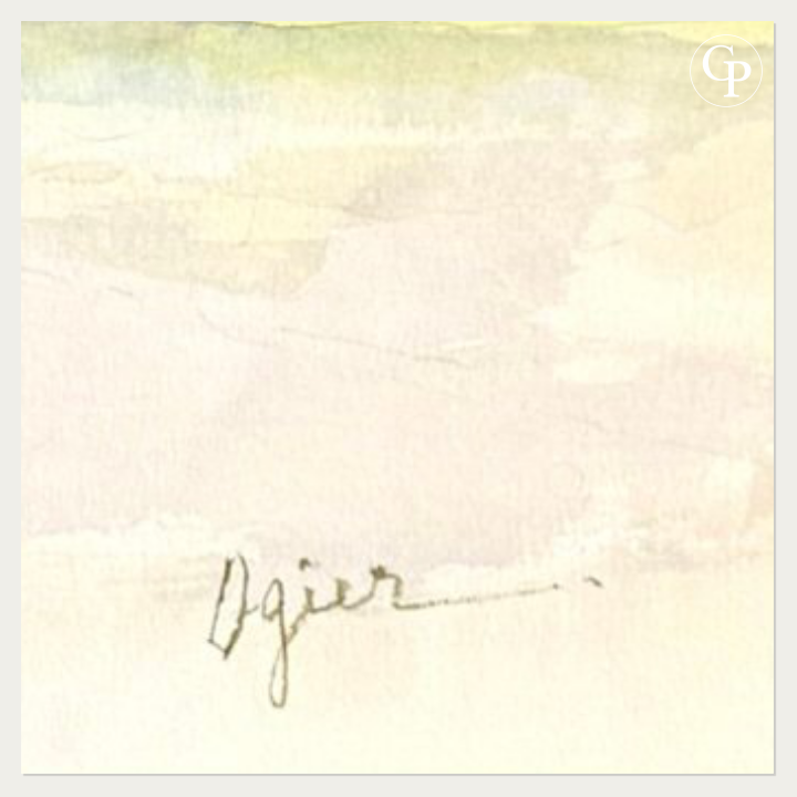 Macro view of the artist's original signature Ogier on the lower right corner of the watercolor painting, Galerie Popincourt. | Gros plan sur la signature originale manuscrite Ogier en bas à droite de l'aquarelle de Marie-Louise Ogier, Galerie Popincourt.