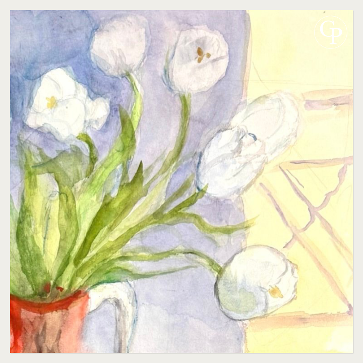 Détail des touches de lumière jaune et du grain du papier d'art haute densité sur l'aquarelle de Marie-Louise Ogier, Galerie Popincourt.