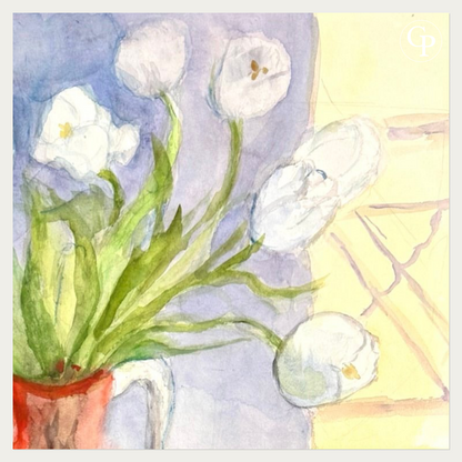 Détail des touches de lumière jaune et du grain du papier d'art haute densité sur l'aquarelle de Marie-Louise Ogier, Galerie Popincourt.