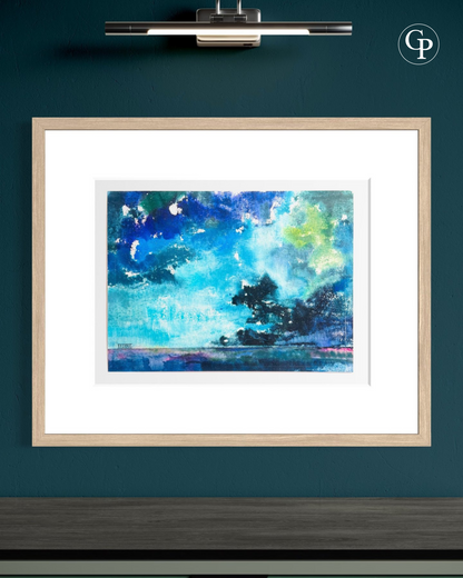 Framed original watercolor La Nuée by Eugène Eechaut in a light wood frame with picture lighting on a dark teal wall | Mise en situation de l'aquarelle originale La Nuée par Eugène Eechaut avec cadre en bois clair sous éclairage de tableau sur mur bleu canard Galerie Popincourt