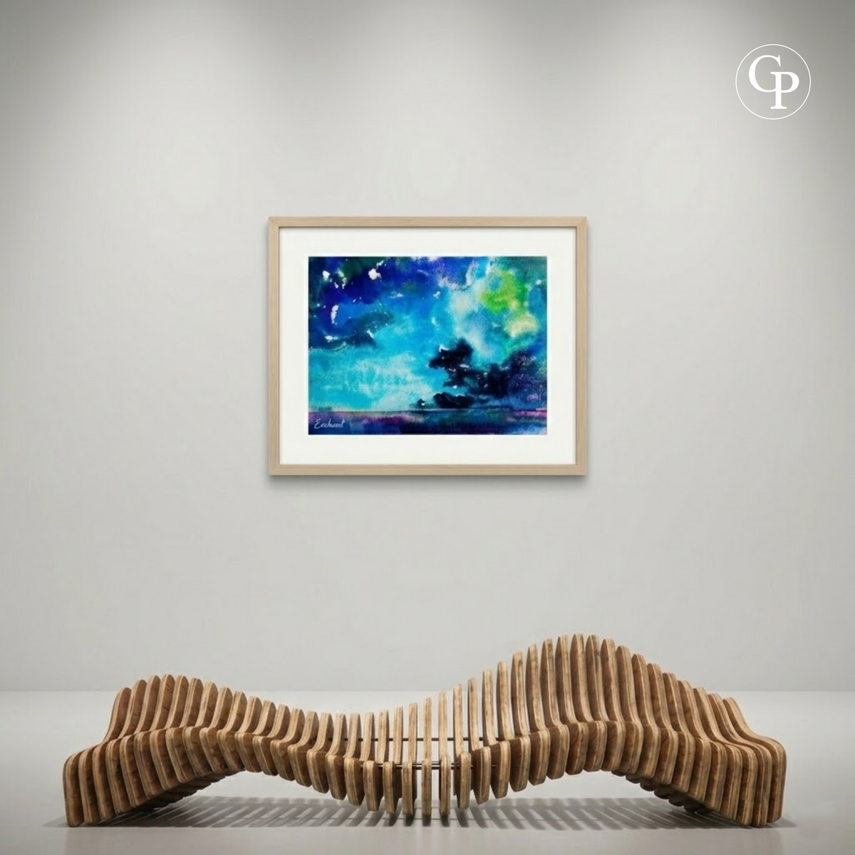 Framed blue and green original watercolor La Nuée by Eugène Eechaut 1975 displayed in a modern gallery space above a wooden bench | Mise en situation de l'aquarelle originale La Nuée par Eugène Eechaut 1975 encadrée dans un espace d'exposition contemporain Galerie Popincourt