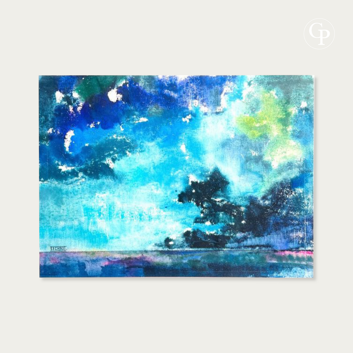 Original watercolor painting La Nuée by Belgian artist Eugène Eechaut dated 1975 featuring vibrant blue, emerald, and purple abstract sky composition | Aquarelle originale La Nuée par l'artiste belge Eugène Eechaut datée de 1975 aux nuances intenses de bleu, émeraude et violet Galerie Popincourt