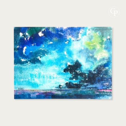 Original watercolor painting La Nuée by Belgian artist Eugène Eechaut dated 1975 featuring vibrant blue, emerald, and purple abstract sky composition | Aquarelle originale La Nuée par l'artiste belge Eugène Eechaut datée de 1975 aux nuances intenses de bleu, émeraude et violet Galerie Popincourt