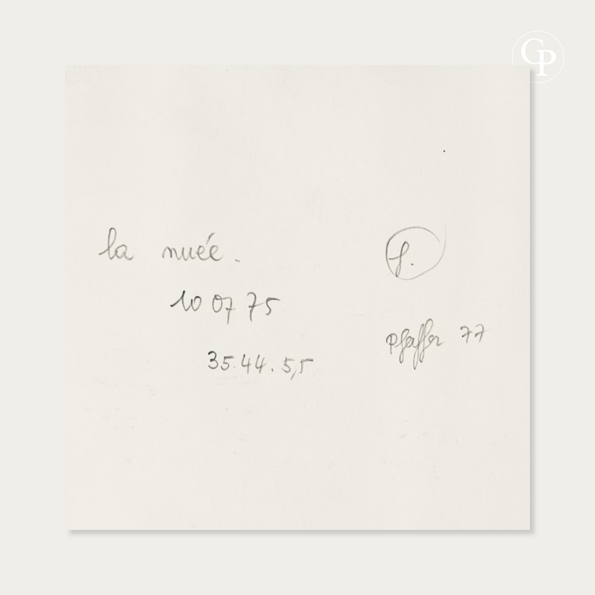 Verso view of Eugène Eechaut's original watercolor La Nuée showing handwritten title date July 10 1975 artist stamp and Galerie Pfeiffer signature | Vue du verso de l'aquarelle La Nuée par Eugène Eechaut montrant le titre manuscrit la date 10 07 75 le cachet de l'artiste et la signature Galerie Pfeiffer Galerie Popincourt