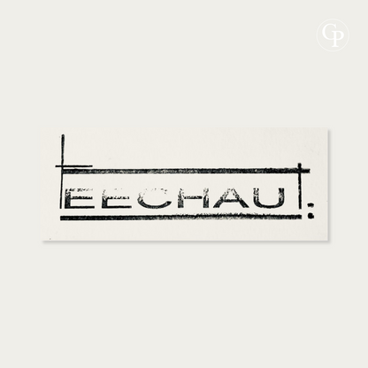 Detailed macro close-up of Eugène Eechaut's official rectangular studio stamp on paper | Gros plan macro détaillé du cachet d'atelier officiel rectangulaire de l'artiste Eugène Eechaut Galerie Popincourt