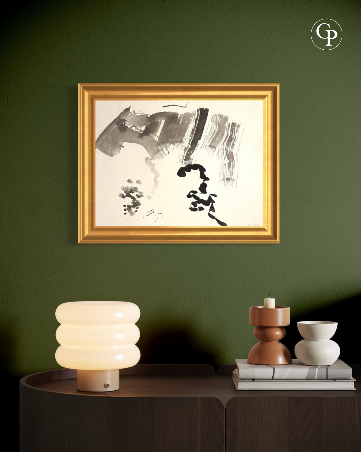 Framed ink drawing Profil Chimérique by Hanna Ben-Dov displayed in a modern interior on a dark green wall above a sideboard | Mise en situation d'ambiance de l'encre originale Profil Chimérique par Hanna Ben-Dov encadrée sur mur vert foncé Galerie Popincourt