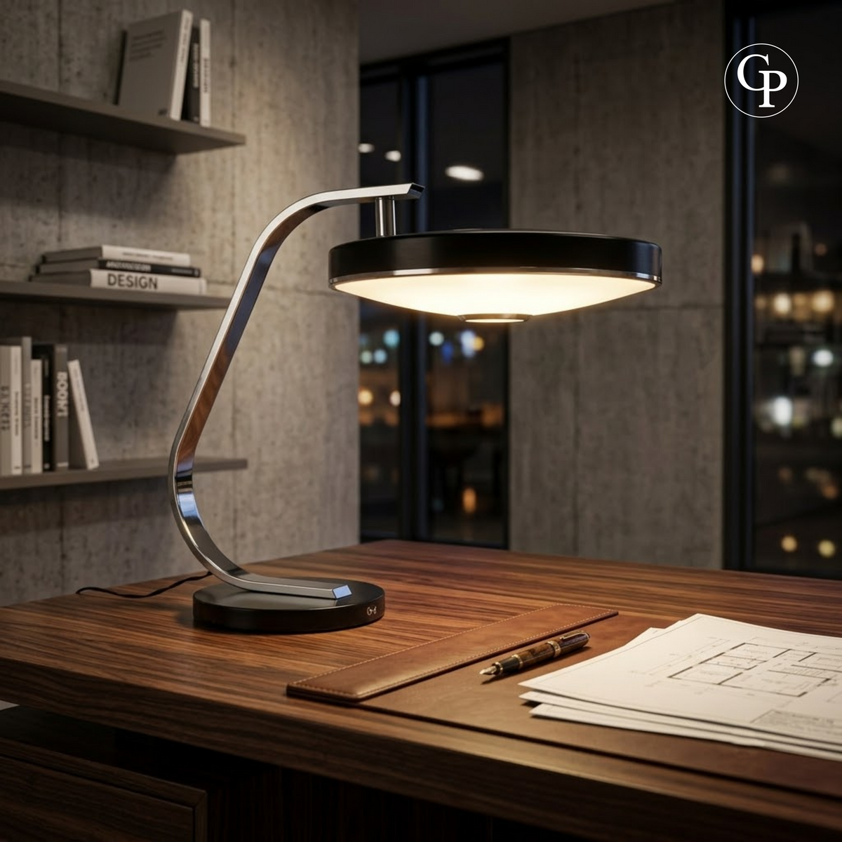 Lampe de bureau iconique MaOf FASE circa 1970 en acier chromé et laque anthracite texturée dans un intérieur moderniste | Iconic 1970s MaOf FASE desk lamp in chromed steel and textured anthracite lacquer in a modernist interior