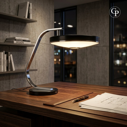 Lampe de bureau iconique MaOf FASE circa 1970 en acier chromé et laque anthracite texturée dans un intérieur moderniste | Iconic 1970s MaOf FASE desk lamp in chromed steel and textured anthracite lacquer in a modernist interior