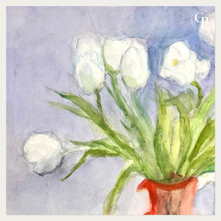 Close-up view of the delicate white tulips and translucent watercolor washes against a purple background by Marie-Louise Ogier, Galerie Popincourt.