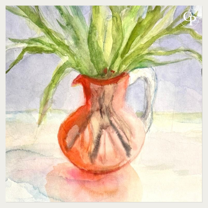 Macro shot of the vibrant red-orange watercolor vase with fluid reflections and green stems by artist Marie-Louise Ogier, Galerie Popincourt.
