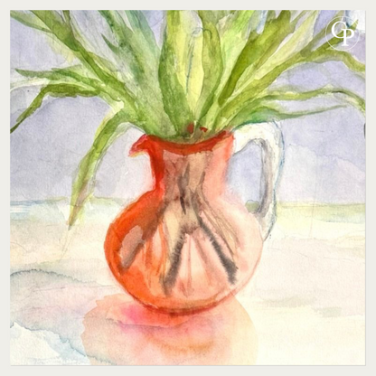 Macro shot of the vibrant red-orange watercolor vase with fluid reflections and green stems by artist Marie-Louise Ogier, Galerie Popincourt.