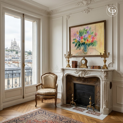 Marie-Louise Ogier's framed watercolor displayed in a classic Parisian apartment interior | Aquarelle de Marie-Louise Ogier encadrée et mise en situation dans un salon parisien haussmannien au-dessus d'une cheminée.