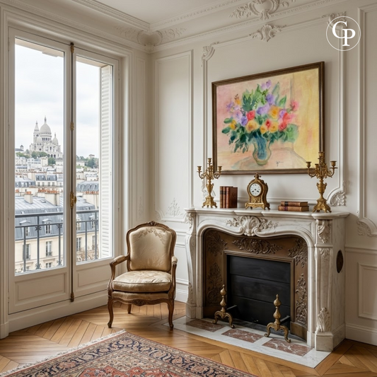 Marie-Louise Ogier's framed watercolor displayed in a classic Parisian apartment interior | Aquarelle de Marie-Louise Ogier encadrée et mise en situation dans un salon parisien haussmannien au-dessus d'une cheminée.