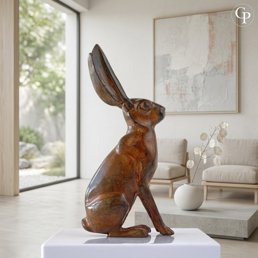 Bronze sculpture of a hare by Pierre Chenet titled "Le Lièvre aux Aguets", shown in profile with elegant golden-brown patina, late 20th century French art foundry piece | Sculpture en bronze du Lièvre aux Aguets de Pierre Chenet, vue de profil avec belle patine mordorée, fonderie d’art française fin XXe siècle.