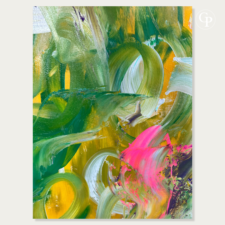 Detailed view of Timo Wedell abstract expressionist painting Tropische Pflanzen XXL, green swirls, gold backgrounds and pink aerosol accents | Vue détaillée du tableau expressionnisme abstrait Tropische Pflanzen XXL de Timo Wedell, amalgames de peinture verte, fond jaune d'or et éclats de rose néon