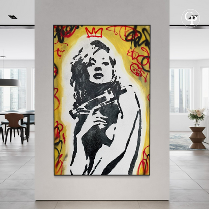 Mise en situation du tableau Pop Art XXL Urban Majesty Unleashed de Timo Wedell accroché dans un salon moderne lumineux | In-situ view of Timo Wedell XXL Pop Art painting Urban Majesty Unleashed displayed in a bright modern living room