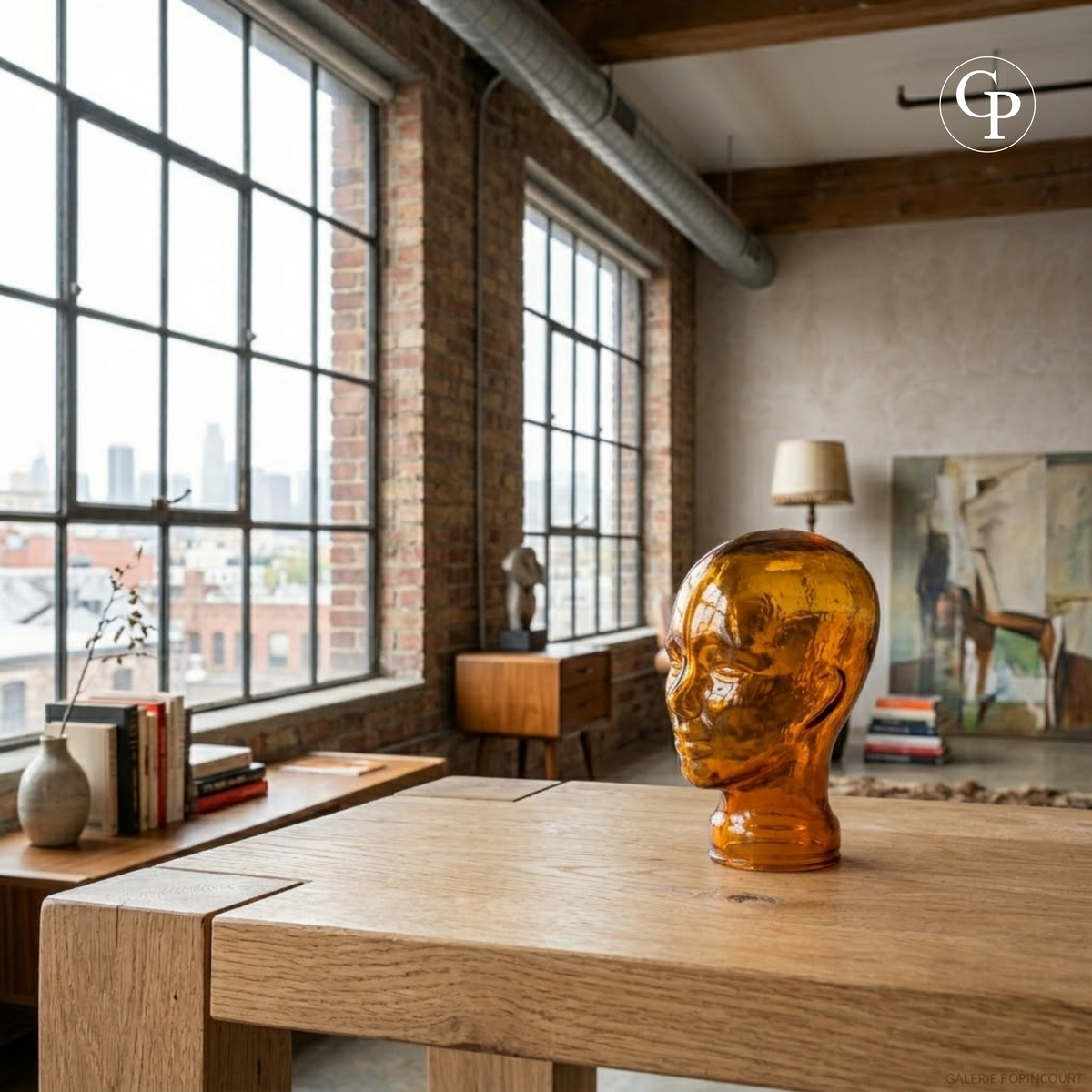 Tête mannequin vintage en verre ambre Space Age 1970 mise en situation dans un intérieur loft, idéal accessoire de vitrine et commerce | Vintage 1970s Space Age amber glass mannequin head displayed in a loft interior, perfect shop and gallery display accessory