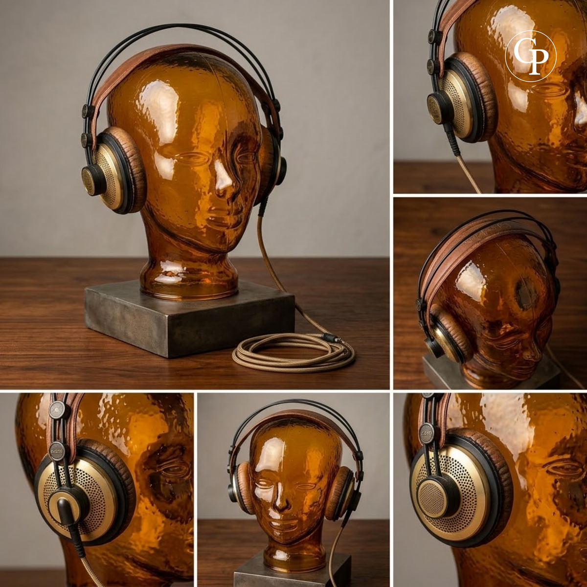 Montage photo montrant une tête mannequin vintage en verre ambre 1970 utilisée comme support pour casque audio vintage, idéale pour vitrine, commerce ou galerie | Photo grid showing a vintage 1970s amber glass mannequin head used as a headphone stand, perfect accessory for store, gallery, or shop display