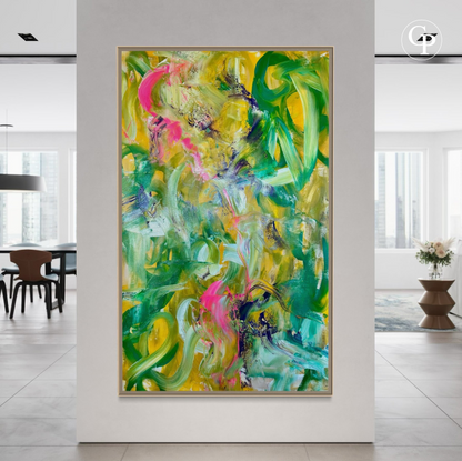 Abstract expressionist painting Tropische Pflanzen XXL by Timo Wedell, green, pink and gold large canvas | Tableau expressionnisme abstrait Tropische Pflanzen XXL par Timo Wedell, grande œuvre originale verte et rose sur toile dans un intérieur moderne contemporain