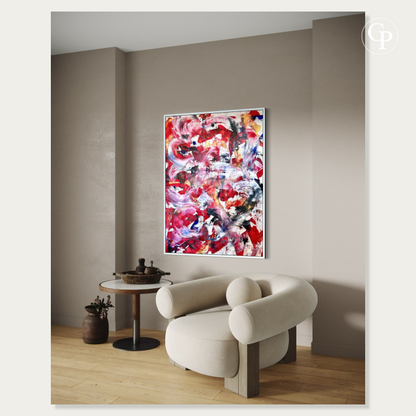 Abstract red and white canvas painting Sturm und Drang by Timo Wedell in a cozy modern living room with a beige armchair and wooden floor | Tableau peinture abstraite rouge et blanche Sturm und Drang de Timo Wedell dans un salon moderne chaleureux avec fauteuil beige et parquet