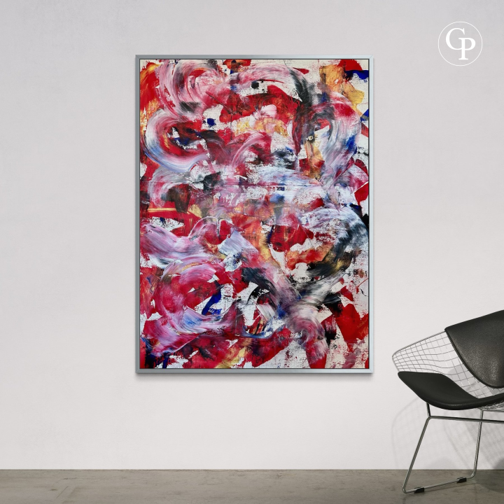 Large red and white abstract painting Sturm und Drang by Timo Wedell hanging on a white wall in a modern minimalist interior with a design wire chair | Grand tableau peinture abstraite rouge et blanc Sturm und Drang de Timo Wedell suspendu dans un intérieur minimaliste moderne avec une chaise design en métal