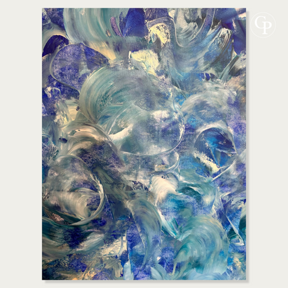 Close-up of Timo Wedell Malibu Waves XXL abstract expressionist painting featuring dynamic blue and white ocean wave brushstrokes | Gros plan sur les mouvements dynamiques, les nuances de bleu et blanc écume de la toile abstraite Malibu Waves de Timo Wedell Galerie Popincourt