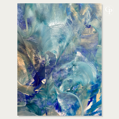 Close-up texture of Timo Wedell Malibu Waves XXL abstract painting showing detailed blue and beige acrylic brushstrokes, grooves and ridges on canvas | Gros plan détails de matière, reliefs et rainures de la peinture abstraite bleue Malibu Waves de Timo Wedell Galerie Popincourt