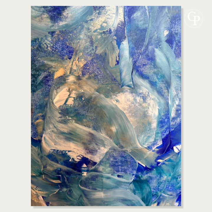Detailed view of Timo Wedell Malibu Waves XXL abstract expressionist painting highlighting textured sand beige and deep blue acrylic strokes on canvas | Gros plan sur les nuances beige sable, les reliefs de matière et la texture de l'oeuvre originale abstraite Malibu Waves de Timo Wedell Galerie Popincourt