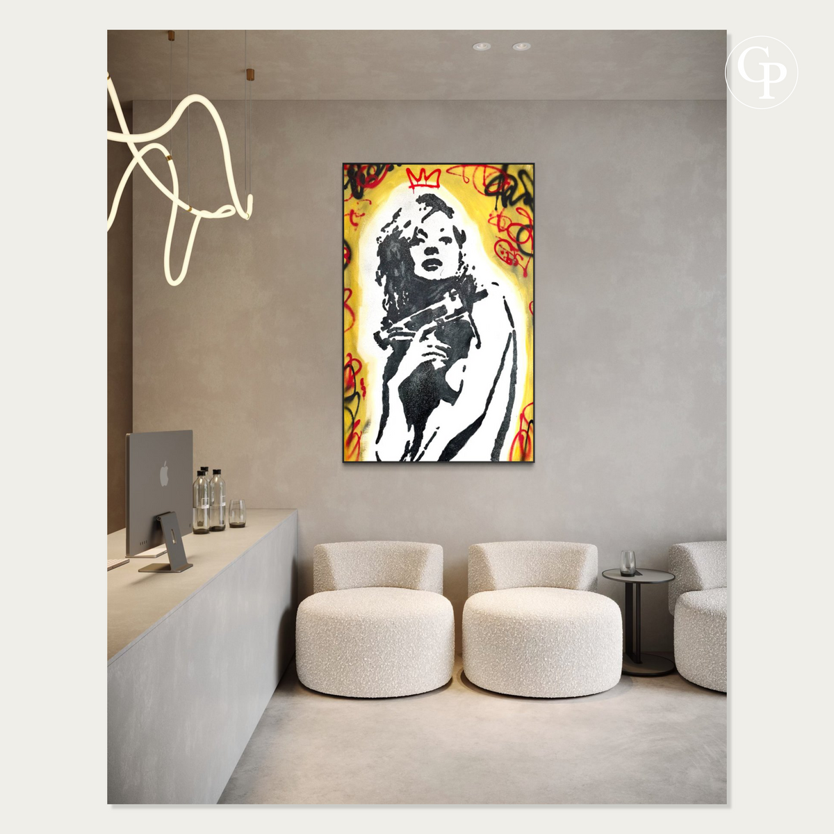 Toile Pop Art XXL Urban Majesty Unleashed par Timo Wedell accrochée dans un bureau de direction avec espace d'accueil moderne | Timo Wedell XXL Pop Art canvas Urban Majesty Unleashed displayed in an executive office with modern lounge area