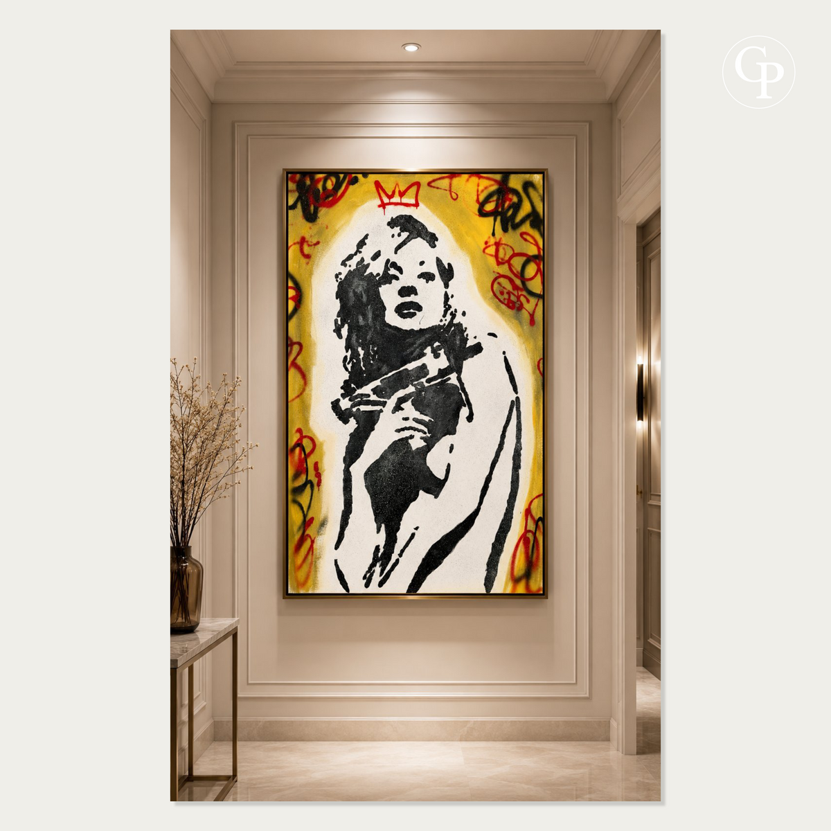 Grand tableau Pop Art Urban Majesty Unleashed par Timo Wedell mis en valeur dans un couloir d'entrée élégant | Timo Wedell large Pop Art canvas Urban Majesty Unleashed featured in an elegant modern hallway