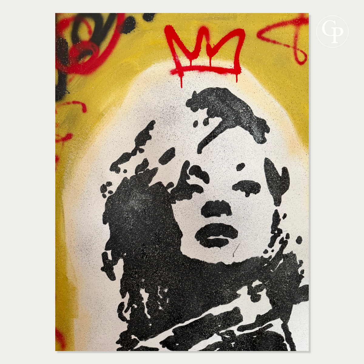 Gros plan sur le visage et la couronne rouge peinte au spray sur le tableau Pop Art Urban Majesty Unleashed de Timo Wedell | Close-up of face and red spray-painted crown detail on Timo Wedell Pop Art canvas Urban Majesty Unleashed