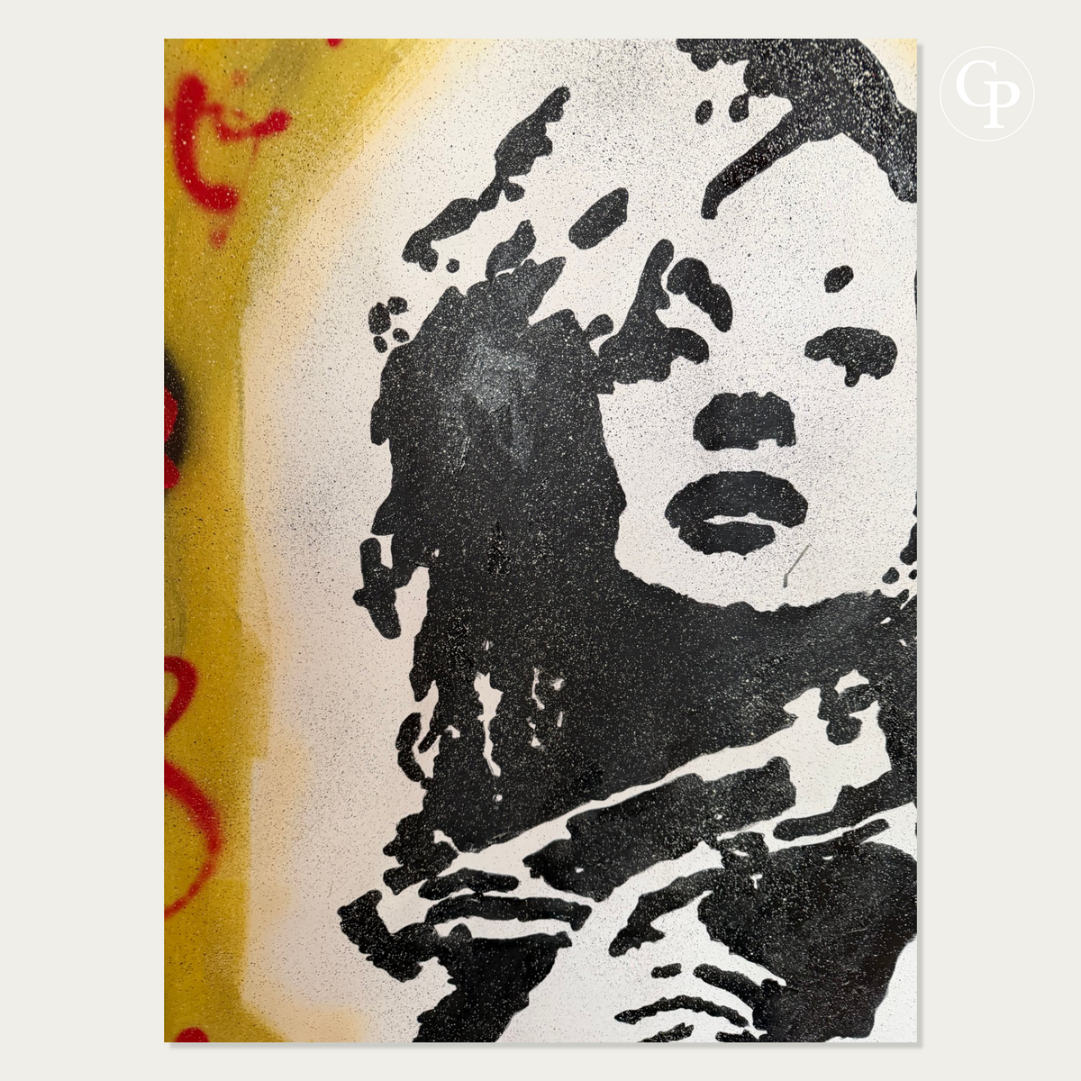 Gros plan sur la texture de l'acrylique et le visage au pochoir du tableau Pop Art Urban Majesty Unleashed de Timo Wedell | Close-up of acrylic texture and stencil face detail on Timo Wedell Pop Art painting Urban Majesty Unleashed