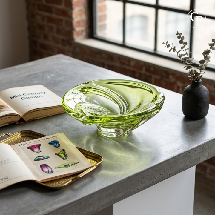 Centre de table Patelle en cristal vert lime Val Saint Lambert posé sur une table en béton avec son catalogue d'époque ouvert, style Mid-Century moderniste. | Val Saint Lambert Patelle model chartreuse green crystal centerpiece on a concrete tabletop next to an open vintage design catalog, Mid-Century Modern decor.