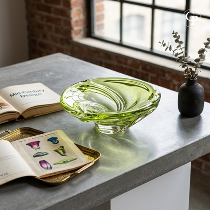 Centre de table Patelle en cristal vert lime Val Saint Lambert posé sur une table en béton avec son catalogue d'époque ouvert, style Mid-Century moderniste. | Val Saint Lambert Patelle model chartreuse green crystal centerpiece on a concrete tabletop next to an open vintage design catalog, Mid-Century Modern decor.