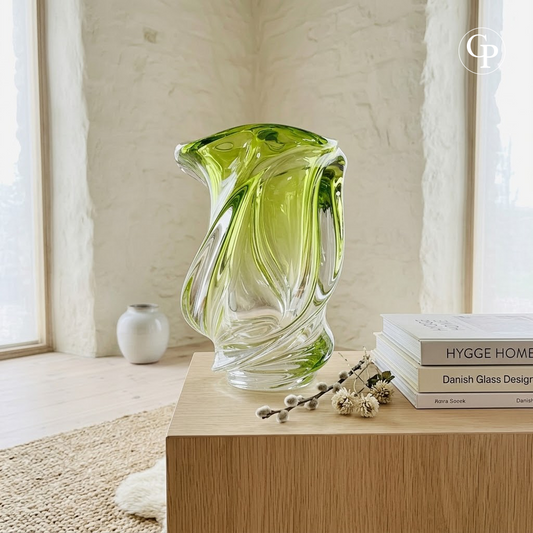 Vase en cristal vert Chartreuse modèle Conque par René Delvenne pour Val Saint Lambert 1956, sculpture de verre biomorphe mid-century modern sur un meuble devant une fenêtre | Chartreuse green crystal Conque vase by René Delvenne for Val Saint Lambert 1956, mid-century modern biomorphic glass sculpture on a wood console by a window