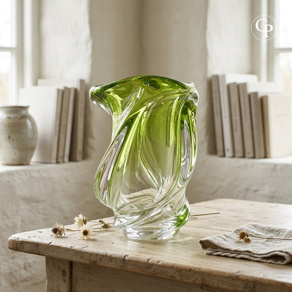 Vase en cristal vert Chartreuse modèle Conque par René Delvenne pour Val Saint Lambert 1956, sculpture de verre biomorphe mid-century modern sur un meuble en bois devant une fenêtre | Chartreuse green crystal Conque vase by René Delvenne for Val Saint Lambert 1956, mid-century modern biomorphic glass sculpture on an old console by a window