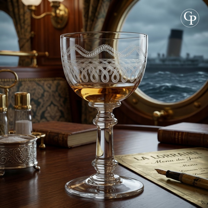 Verre à vin en cristal gravé Val Saint Lambert modèle Lothaire sur table de paquebot Belle Époque | Val Saint Lambert crystal wine glass Lothaire model with engraved pattern on ocean liner table