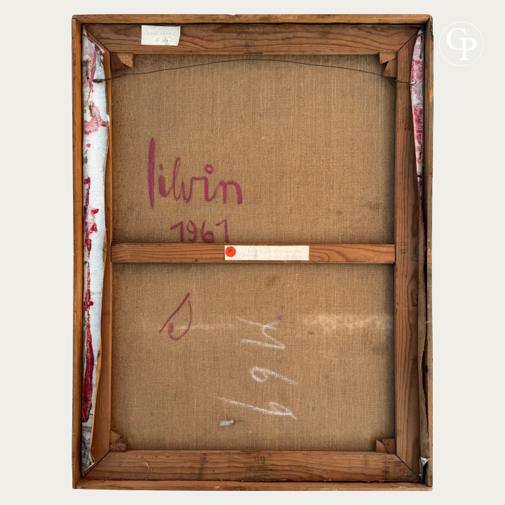 Vue d'ensemble du revers du tableau Connivence (1961) par Silvin Bronkart avec châssis Albert Sauveur d'origine, signature et datation | Full back view of Silvin Bronkart oil painting Connivence (1961) showing original Albert Sauveur wooden stretcher, artist signature, and date