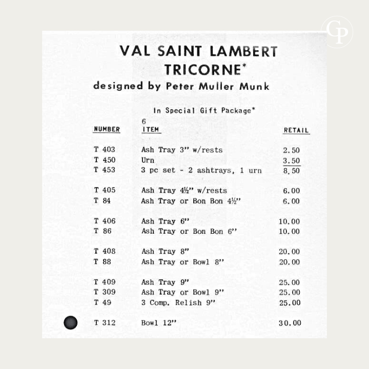 Documents d'archives et catalogue d'époque 1957 de Val Saint Lambert pour Vogue Ceramics Industries, mentionnant le modèle Tricorne T 309 de Peter Muller-Munk. | 1957 original vintage catalog and price list archive from Val Saint Lambert for Vogue Ceramics Industries, showing Peter Muller-Munk Tricorne T 309 model reference.