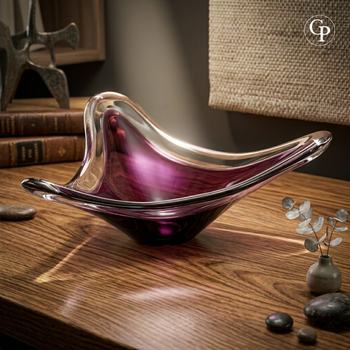 Mise en situation de la coupe Tricorne améthyste Val Saint Lambert par Peter Muller-Munk sur un meuble en bois avec reflets de lumière. Décoration vintage Mid-Century Modern. | Lifestyle view of the amethyst crystal Tricorne bowl by Val Saint Lambert and Peter Muller-Munk on a wooden credenza with light reflections. Mid-Century Modern home decor.