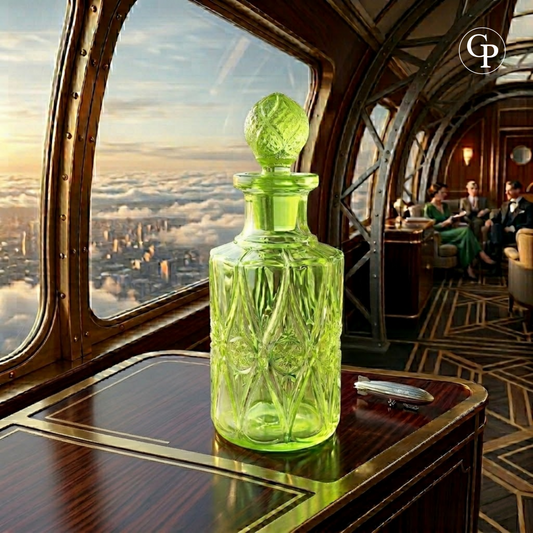 Rare Art Deco uranium glass perfume bottle Valambert n°12 in glowing Ouraline (green uranium glass) with original pinecone stopper, circa 1935 by Scailmont for Val Saint Lambert. | Rare flacon de parfum Art Déco Valambert n°12 en verre à l'uranium (Ouraline) vert chartreuse luminescent avec bouchon d'origine en forme de pomme de pin, vers 1935, Scailmont pour Val Saint Lambert.